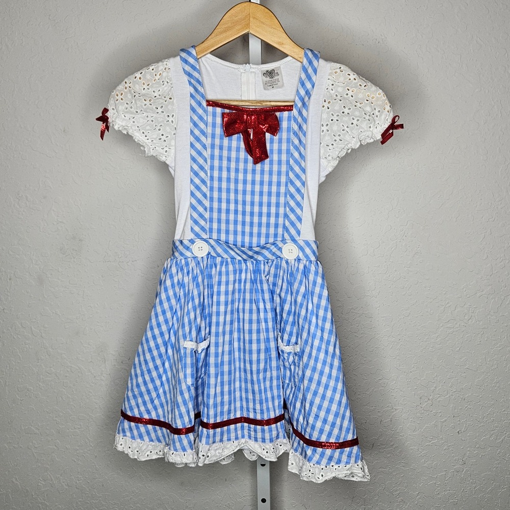 Wizard of Oz Dorothy Costume Dress Girls Medium Blue Gingham Eyelet Lace Spirit